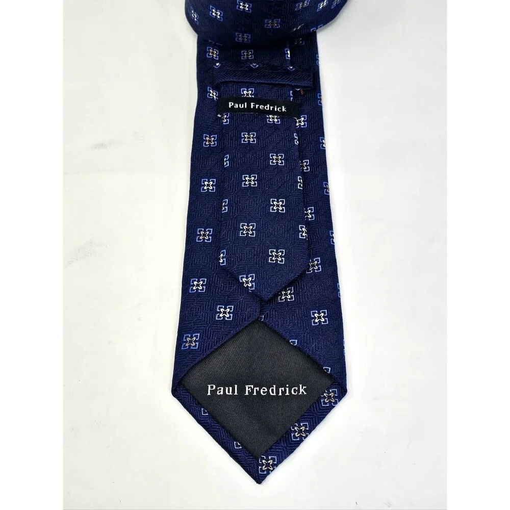 PAUL FREDRICK Navy Blue Tan Geometric Silk Tie Classic Business Formal